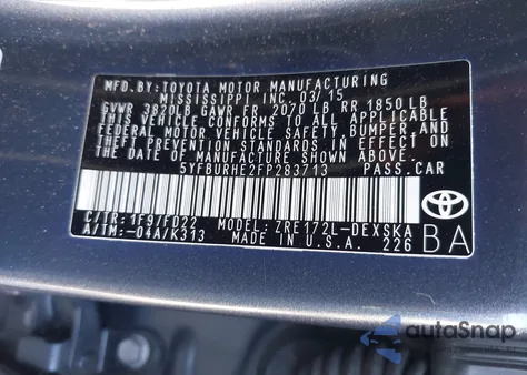 2015 Toyota Corolla S Plus z USA, uszkodzony, nr VIN 5YFBURHE2FP283713